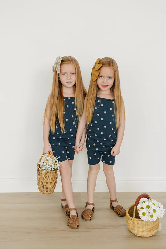 Navy Daisies Tank and Biker Shorts Set