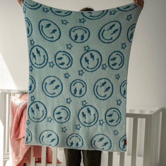 Toddler Size Plush blanket- Teal Smiley