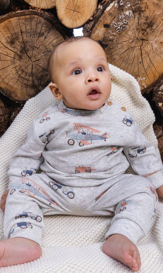 Organic Cotton Pants And Top Set Beige Printed Airplanes