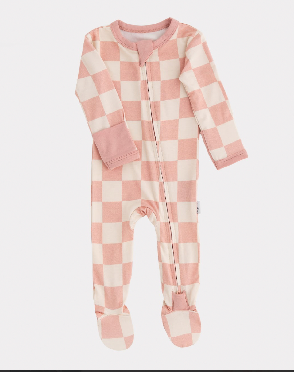 Footed Bamboo Sleeper- Blush Check