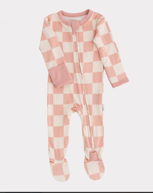 Footed Bamboo Sleeper- Blush Check